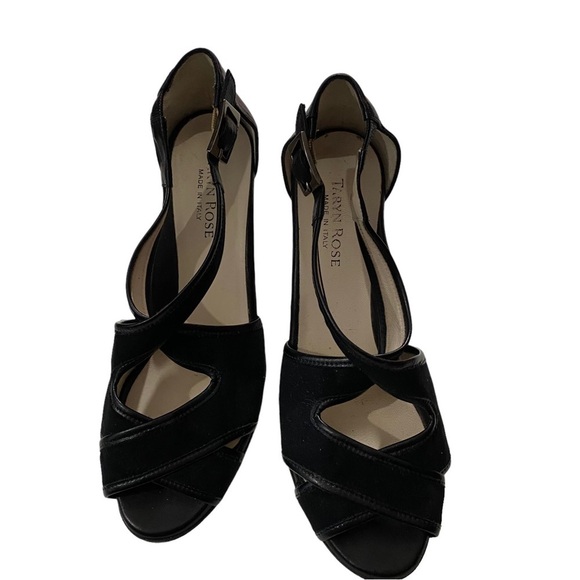Taryn Rose Made In Italy Black Leather Peep Toe 3” Heels Sz 7M Shoes Pumps - Picture 1 of 9